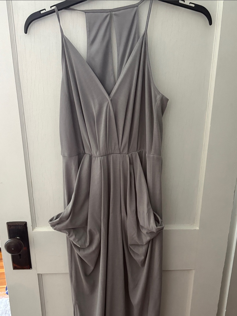 BCBGeneration Silver-Gray Draped V-Neck Midi Dress